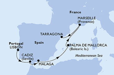 Portugalsko, Španielsko, Francúzsko, Tarragona z Lisabonu na lodi MSC Meraviglia