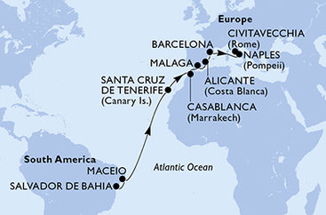 Brazília, Španielsko, Maroko, Taliansko zo Salvadoru na lodi MSC Divina