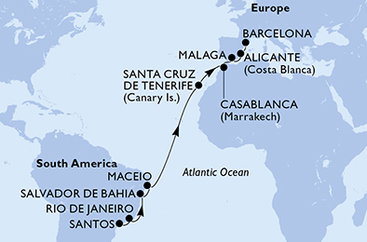 Brazília, Španielsko, Maroko zo Santosu na lodi MSC Divina