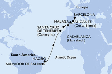 Brazília, Španielsko, Maroko zo Salvadoru na lodi MSC Divina