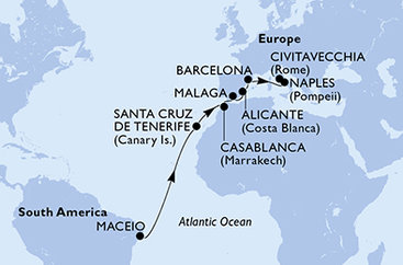 Brazília, Španielsko, Maroko, Taliansko z Maceia na lodi MSC Divina