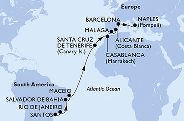 Brazília, Španielsko, Maroko, Taliansko zo Santosu na lodi MSC Divina