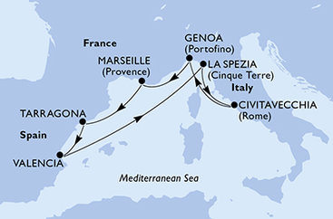 Taliansko, Francúzsko, Tarragona, Španielsko z Janova na lodi MSC Magnifica