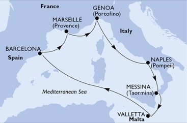 Španielsko, Francúzsko, Taliansko, Malta z Barcelony na lodi MSC World Asia