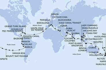Španielsko, Veľká Británia, Bahamy, Panama, , Ekvádor, Peru, Chile, Zámořské území Velké Británie, Francouzská Polynésie, Tonga, Nová Kaledonie, Nový Zéland, Austrália, Indonézia, Vietnam, Thajsko, Kambodža, Singapur, Malajzia, Srí Lanka, India, Spojené arabské emiráty, Omán, Jordánsko, Egypt, Taliansko, Francúzsko z Barcelony na lodi MSC Magnifica