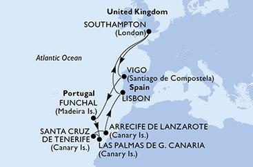 Veľká Británia, Španielsko, Portugalsko zo Southamptonu na lodi MSC Meraviglia