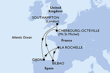 Veľká Británia, Španielsko, Francie zo Southamptonu na lodi MSC Meraviglia