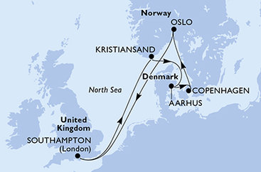 Veľká Británia, Nórsko, Dánsko, Oslo zo Southamptonu na lodi MSC Meraviglia
