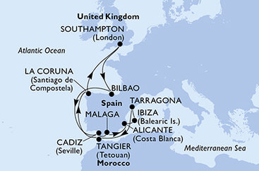 Veľká Británia, Španielsko, Tarragona, Maroko zo Southamptonu na lodi MSC Meraviglia