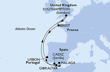 Veľká Británia, Francie, Portugalsko, Gibraltár, Španielsko zo Southamptonu na lodi MSC Meraviglia