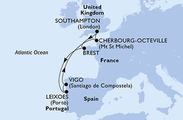 Veľká Británia, Francie, Portugalsko, Španielsko zo Southamptonu na lodi MSC Meraviglia
