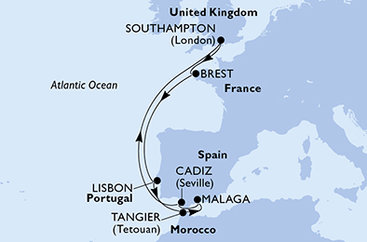 Veľká Británia, Francie, Portugalsko, Maroko, Španielsko zo Southamptonu na lodi MSC Meraviglia
