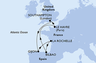 Veľká Británia, Španielsko, Francie zo Southamptonu na lodi MSC Meraviglia