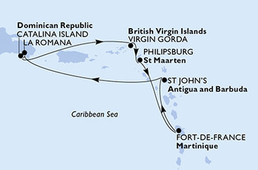 Dominikánska republika, Veľká Británia, Svatý Martin, Martinik, Antigua a Barbuda z La Romany na lodi MSC Opera