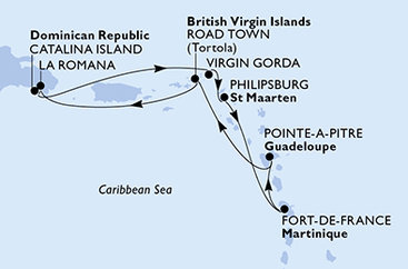 Martinik, Guadeloupe, Britské Panenské ostrovy, Dominikánska republika, Veľká Británia, Svatý Martin z Fort de France na lodi MSC Opera
