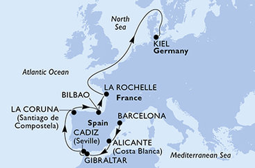 Španielsko, Gibraltár, Francie, Nemecko z Barcelony na lodi MSC Euribia