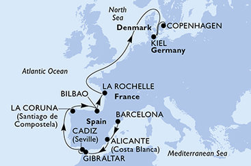 Španielsko, Gibraltár, Francie, Nemecko, Dánsko z Barcelony na lodi MSC Euribia