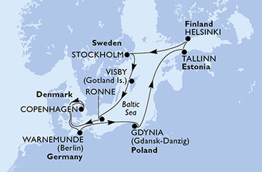 Nemecko, Poľsko, Estónsko, Fínsko, Švédsko, Dánsko z Warnemünde na lodi MSC Splendida