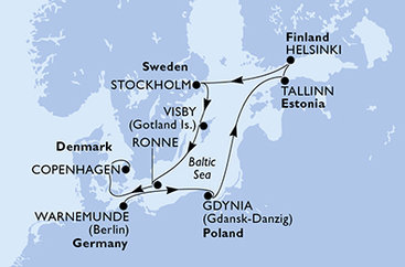 Nemecko, Poľsko, Estónsko, Fínsko, Švédsko, Dánsko z Warnemünde na lodi MSC Splendida