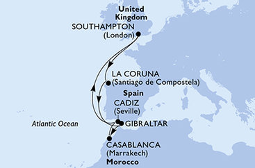 Veľká Británia, Španielsko, Gibraltár, Maroko zo Southamptonu na lodi MSC Meraviglia